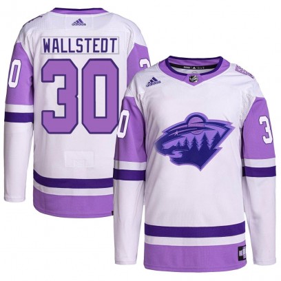 Youth Authentic Minnesota Wild Jesper Wallstedt Adidas Hockey Fights Cancer Primegreen Jersey - White/Purple